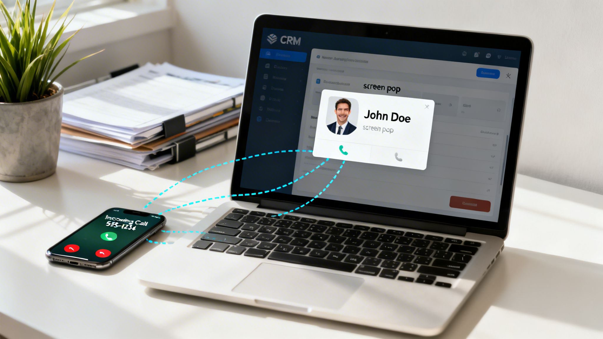 Phone with incoming call connected to a laptop CRM displaying a screen pop for John Doe.