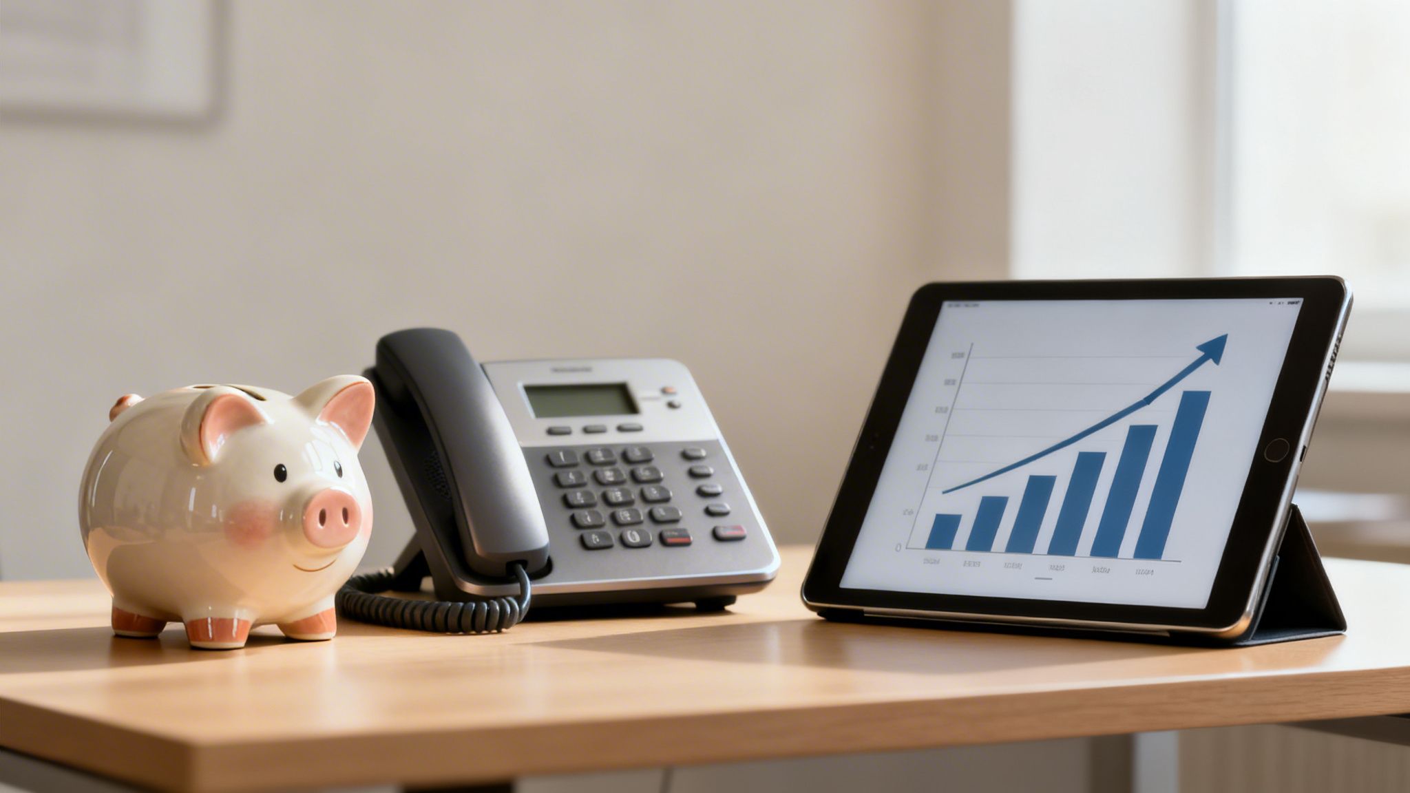 A desk with a piggy bank, a VoIP phone, and a tablet showing a growing financial chart.