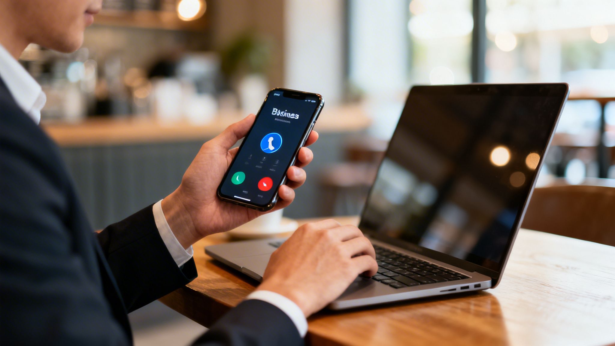 Professional taking a business VoIP call on a smartphone while working on a laptop.