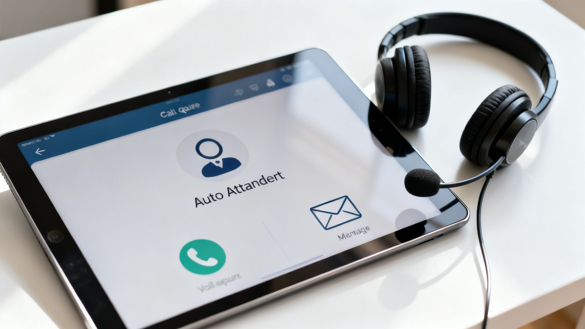 A tablet displaying an auto attendant application and a black headset with a microphone on a white desk.
