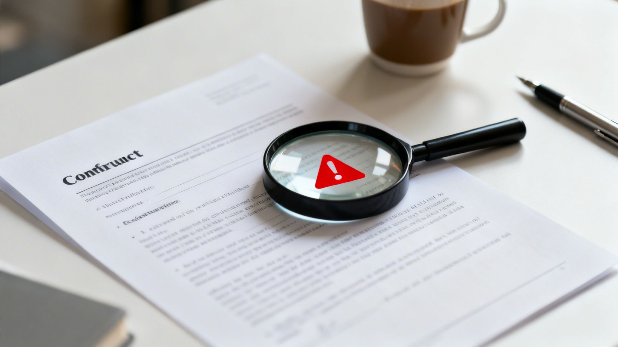 A magnifying glass with a warning sign on a contract document, suggesting careful review.