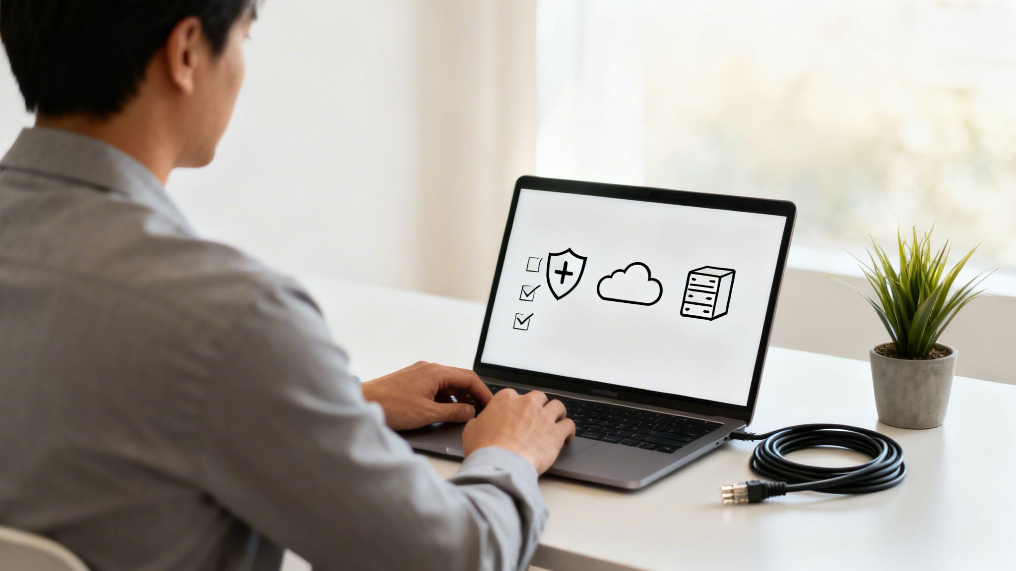A person types on a laptop displaying icons for security, cloud, and server solutions on a white screen.