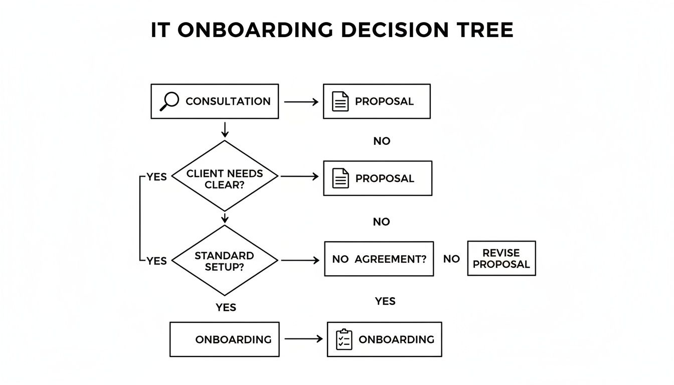 A flowchart detailing an IT onboarding decision tree, from consultation to final onboarding steps.