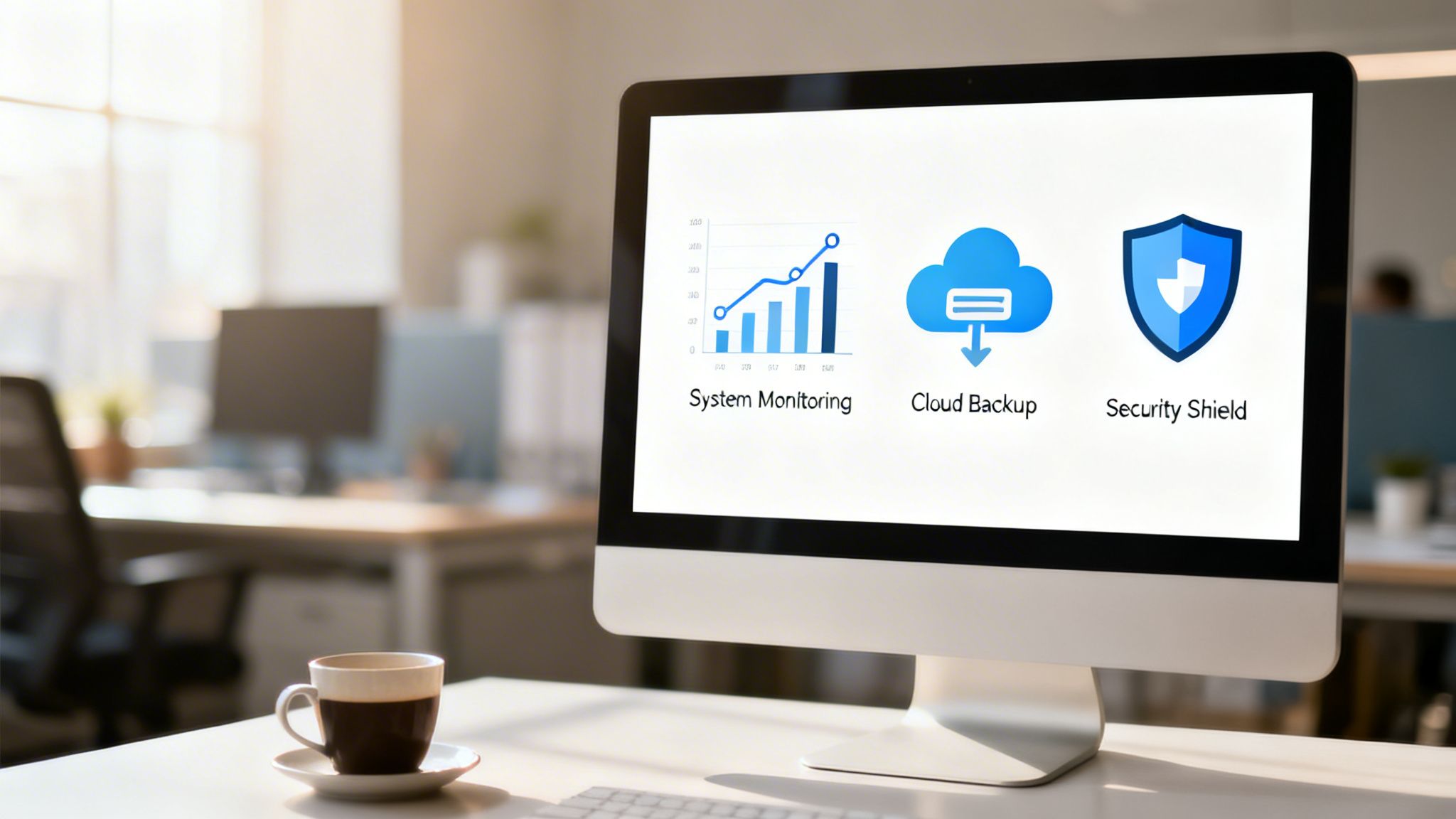 A computer monitor on a desk displaying icons for system monitoring, cloud backup, and security services.