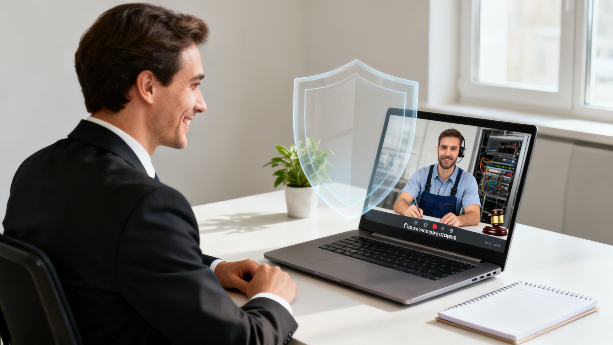 A businessman smiles during a secure video call with an IT support technician.