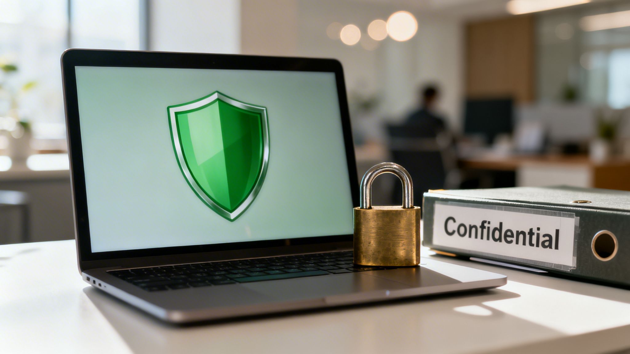 Laptop displaying a green shield, a padlock, and a confidential binder on an office desk.