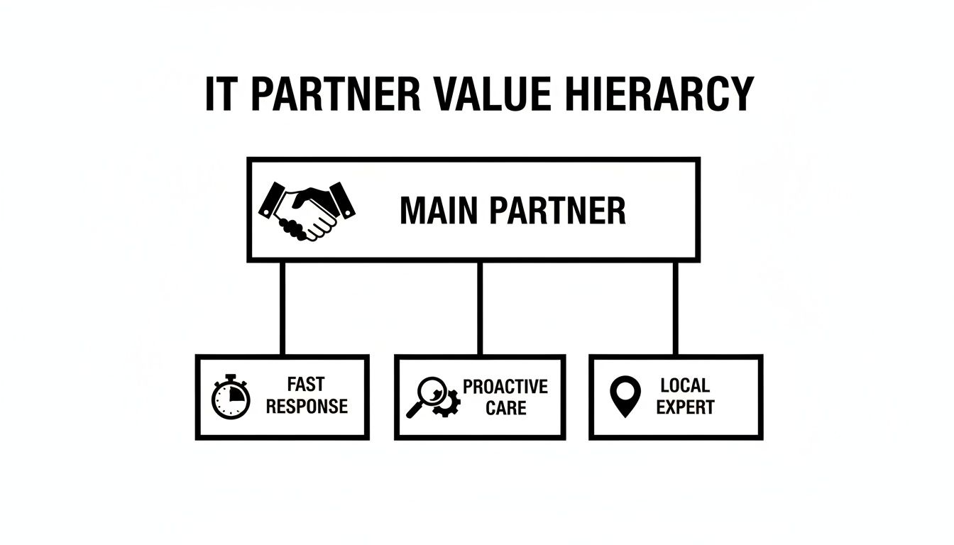 IT Partner Value Hierarchy diagram illustrating key attributes: fast response, proactive care, and local expertise.