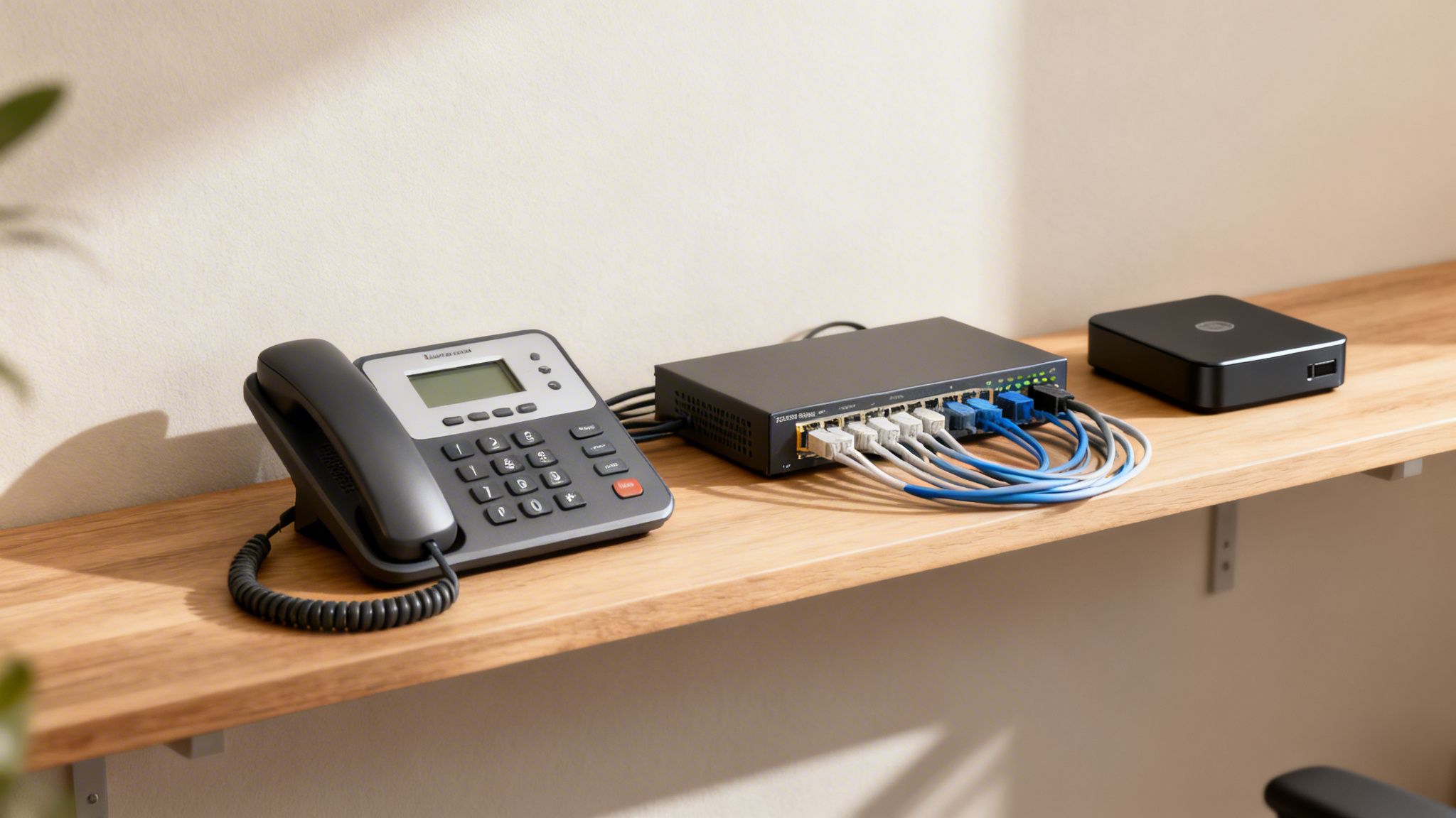 A black VoIP phone, an Ethernet switch, and a network device on a wooden shelf.