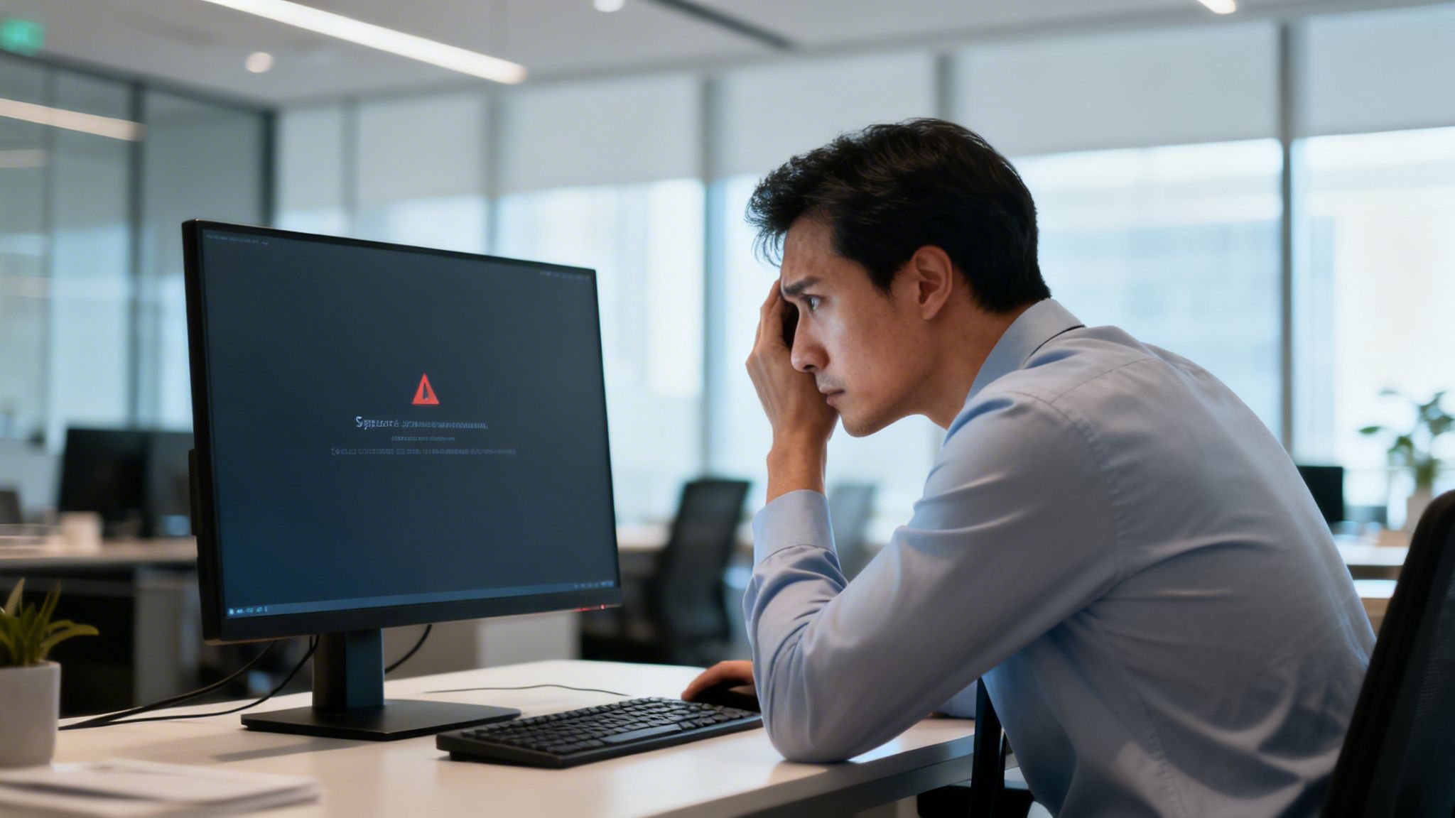 A concerned office worker staring at a computer monitor displaying a red system error alert in a workspace.