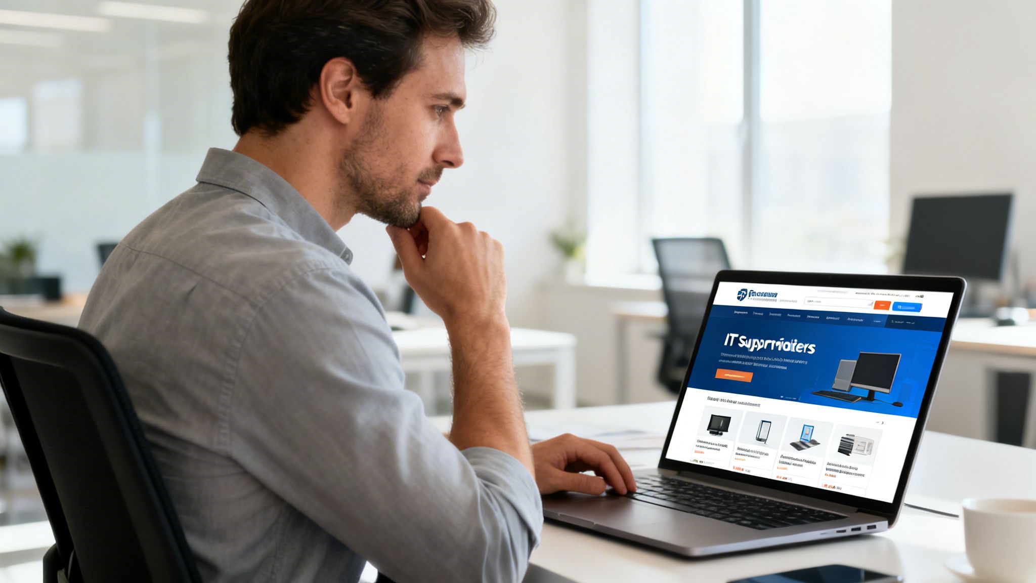 A professional man sitting at a desk and reviewing small business tech support services on a laptop.