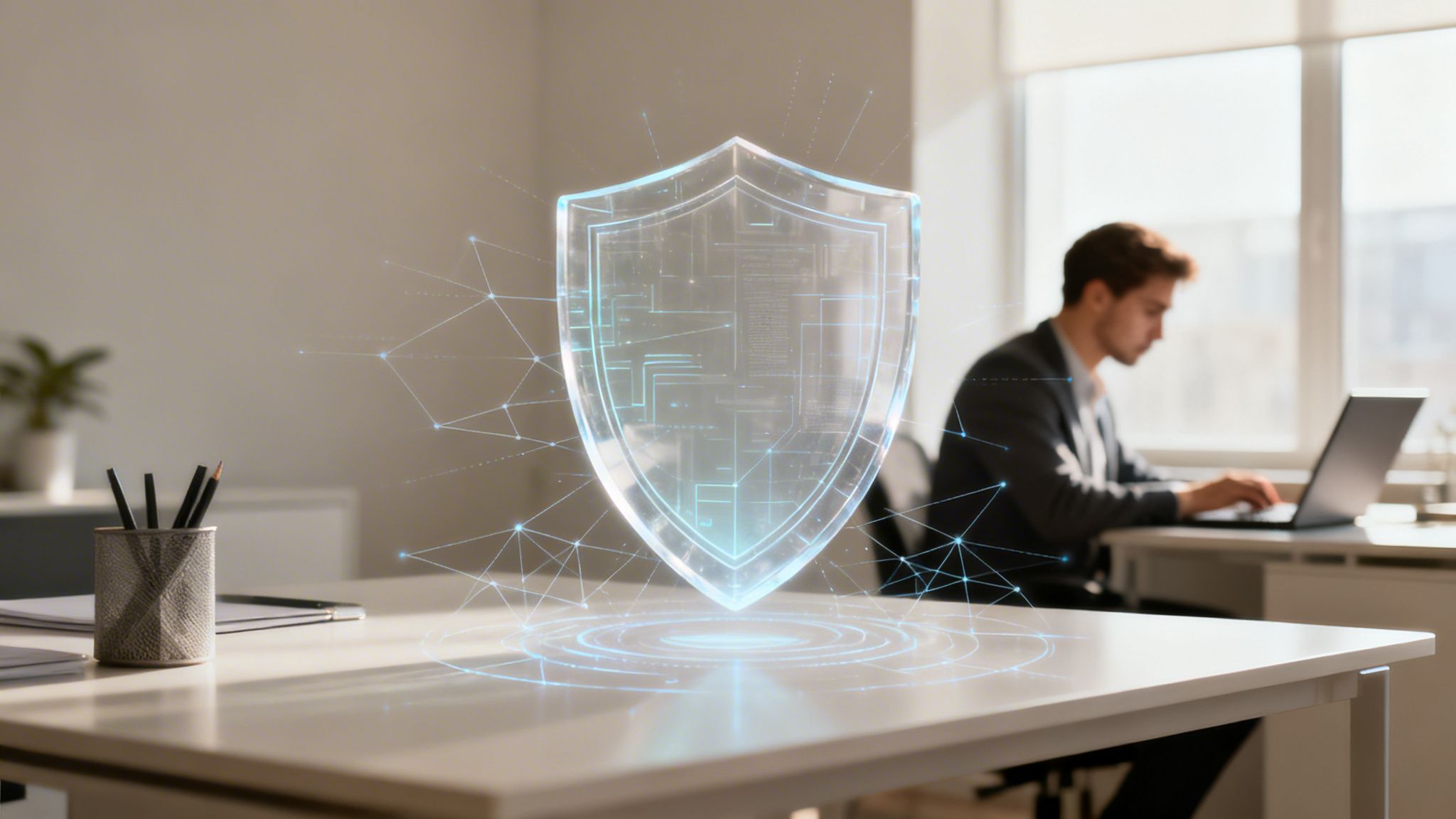 A glowing cybersecurity shield hologram on an office desk, with a man working on a laptop in the background.