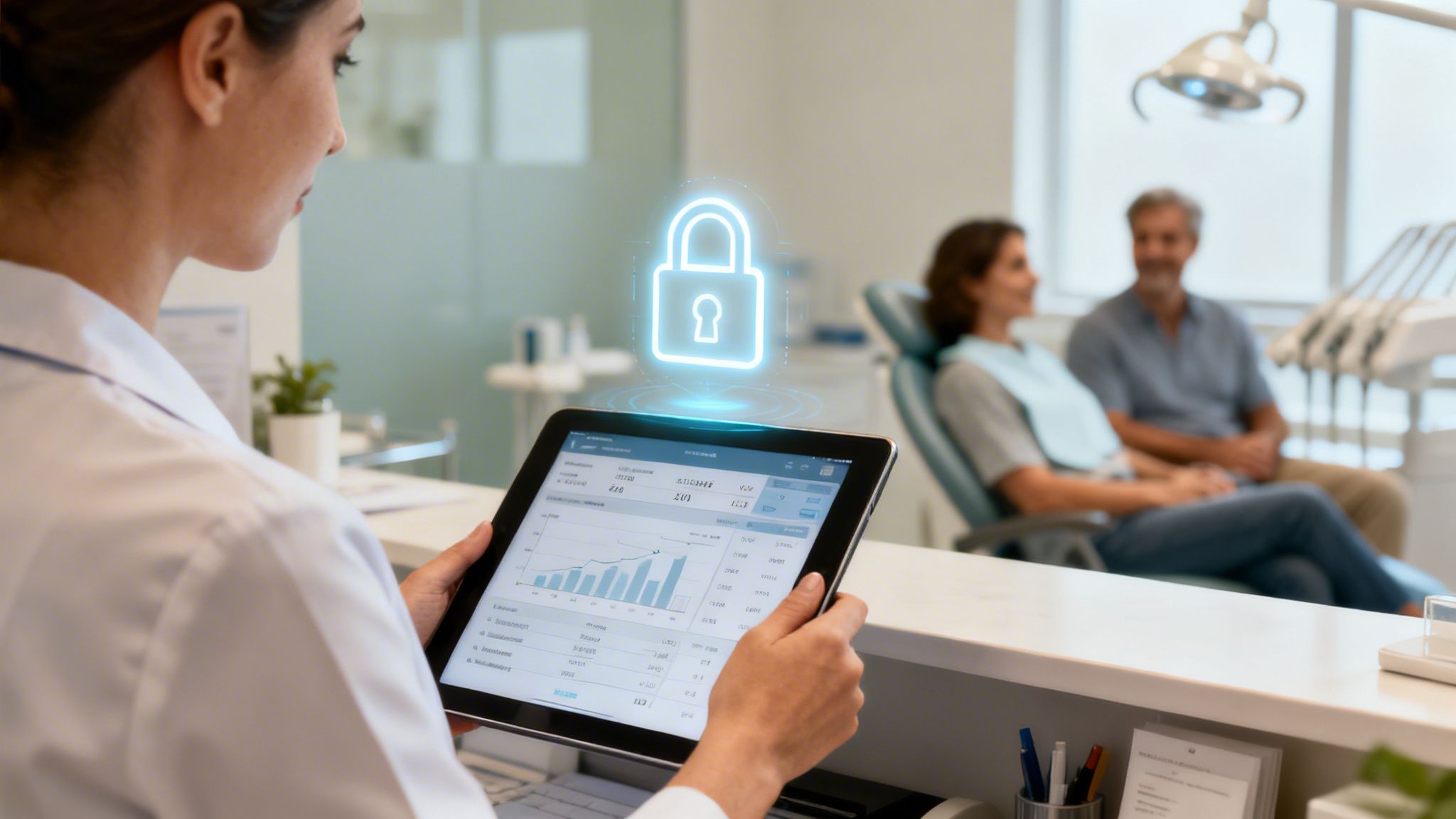 A dental professional uses a tablet with a glowing security lock icon, while patients wait.