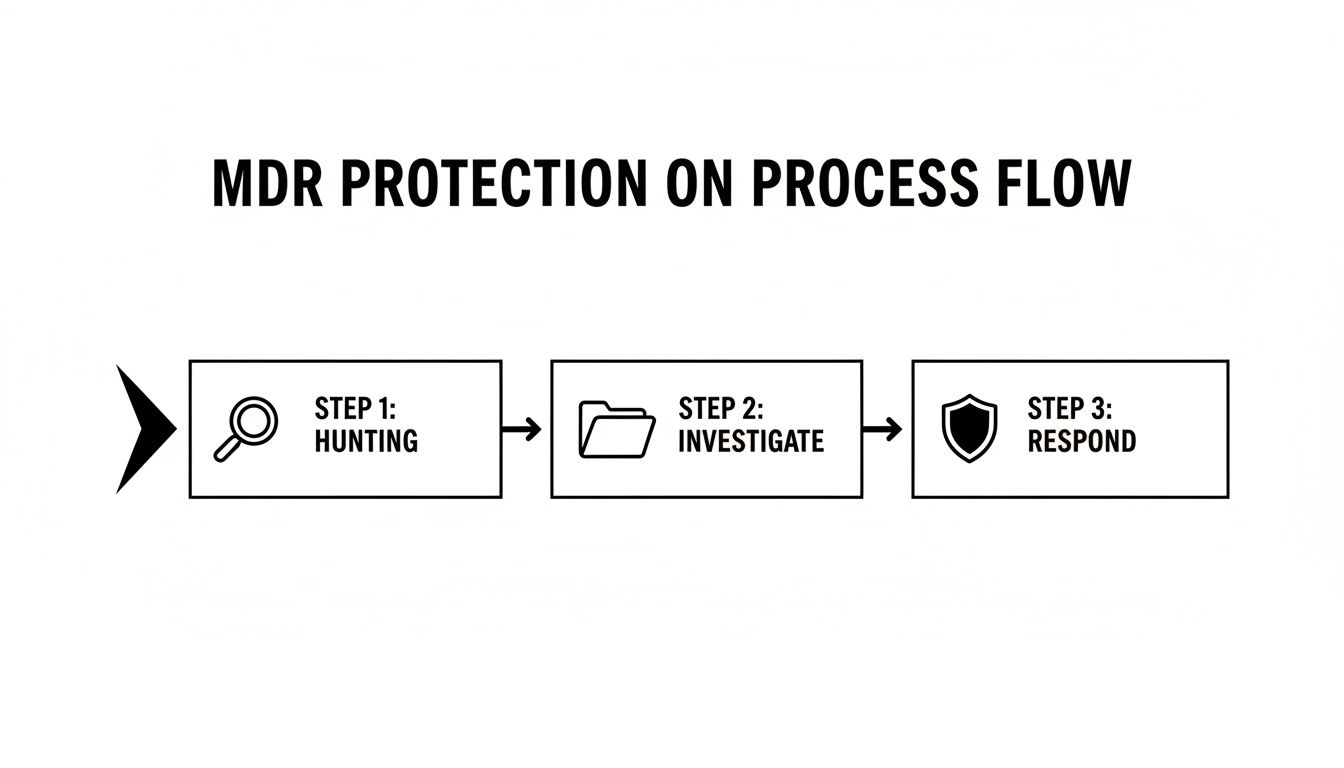 A process flow diagram illustrating the three steps of MDR protection: hunting, investigating, and responding to threats.